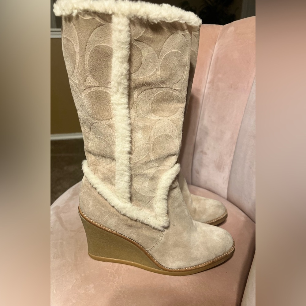 Coach Beige Heeled Boots with Shearling Trim - Picture 5 of 13